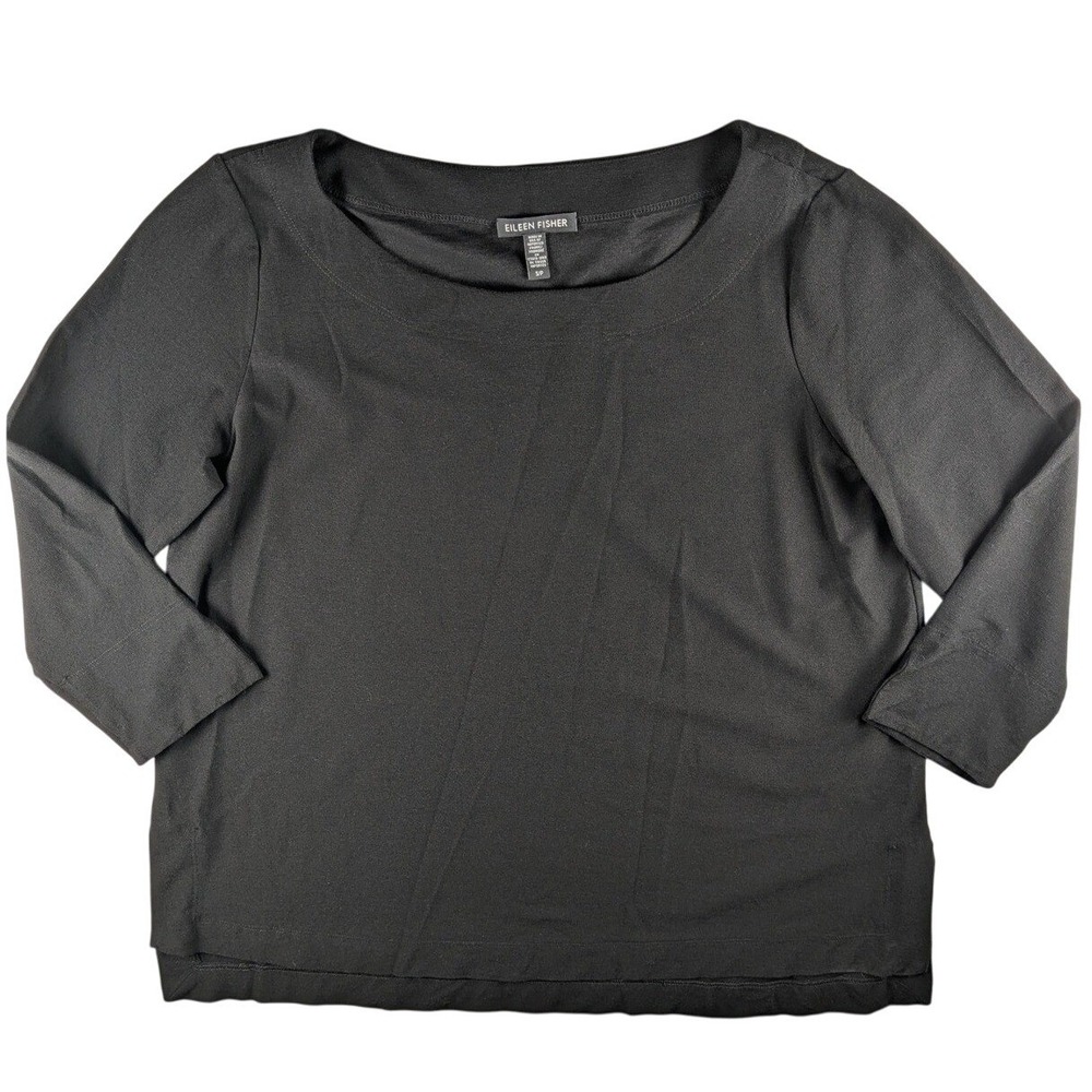Eileen Fisher Knit Top Boat‎ Neck 3/4 Sleeve Stretch Black Top Size S